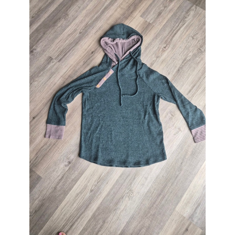 White Birch Womens Green Waffle Knit Hoodie Button Neck Pullover T6357A2XL S
